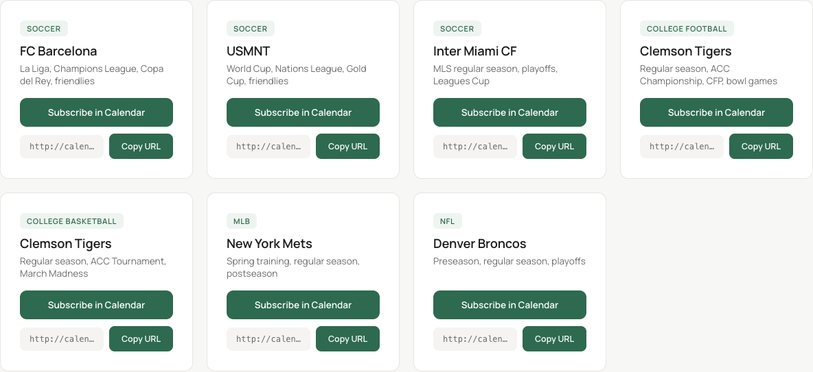 The Sports Calendars landing page: a card per team with a Subscribe in Calendar button and the raw feed URL to copy