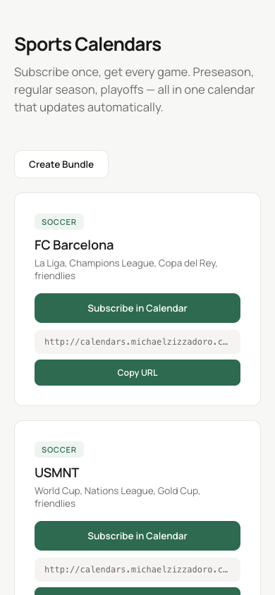 The Sports Calendars page on a phone: stacked team cards with full-width Subscribe and Copy URL buttons