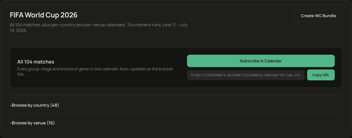The FIFA World Cup 2026 section in dark mode: subscribe to all 104 matches, or browse by country (48) and by venue (16)